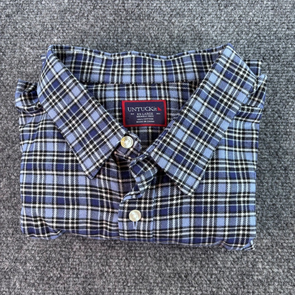 UNTUCKit Button Down Shirt Mens XXL Blue Plaid Wrinkle Free Cotton Long Sleeve
